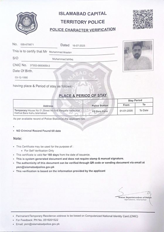 Police character verification for Muhammad Arsalan